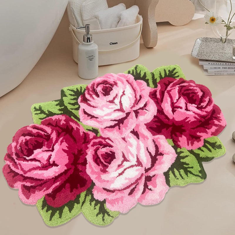 USTIDE Pink Flower Rug, Non Slip Washable Bathroom Mat, Vintage Pink Bath Mat, Bath Rug Set, Area Rug with Rose for Living Room Bedroom Girls Room Kitchen (2FTx3.6FT) - Image 1